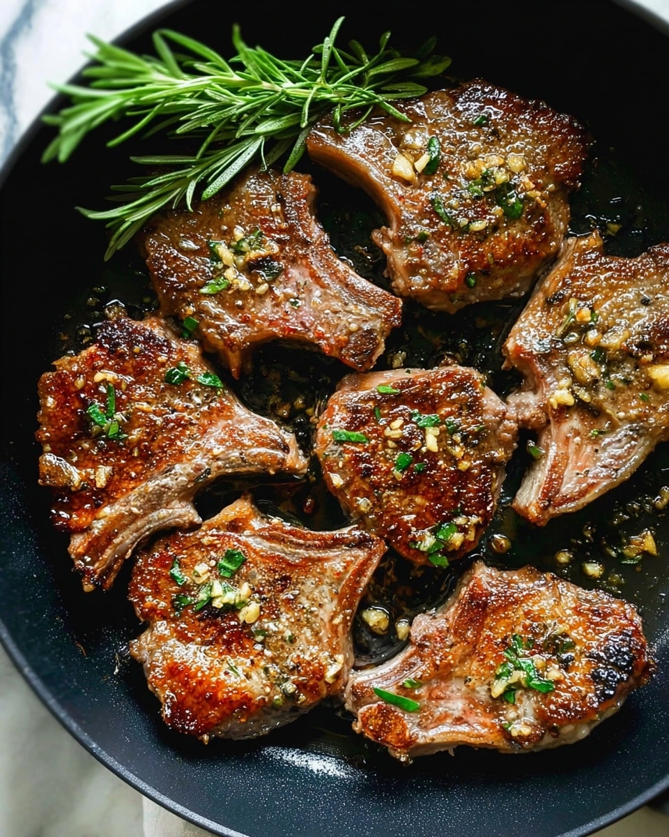 Seven cooked lamb chops with a golden brown crust sit closely inside a black skillet. The lamb chops have a slightly shiny texture from oil or butter, with small pieces of chopped garlic and green herbs scattered on top and around them. A sprig of fresh rosemary lies across the top left chops. The skillet contrasts with the white marbled surface beneath. Photo taken with an iphone --ar 4:5 --v 7