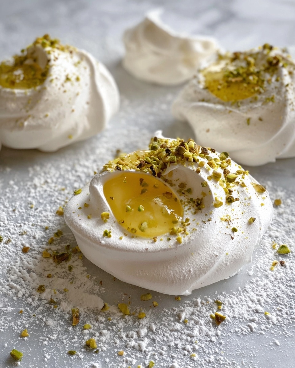 The image shows three white meringue nests with a crisp, fluffy texture and soft peaks around the edges. Each meringue nest has a smooth, glossy, golden yellow curd filling in the center that shines under the light. Finely crushed pistachios are sprinkled on top of the curd and around the nests, adding small green and yellow bits with a slightly rough texture. The meringues sit on a flat surface with white marbled texture dusted lightly with powdered sugar, giving a soft, snowy look. The foreground has one meringue nest in focus while the others are softly blurred in the background. photo taken with an iphone --ar 4:5 --v 7