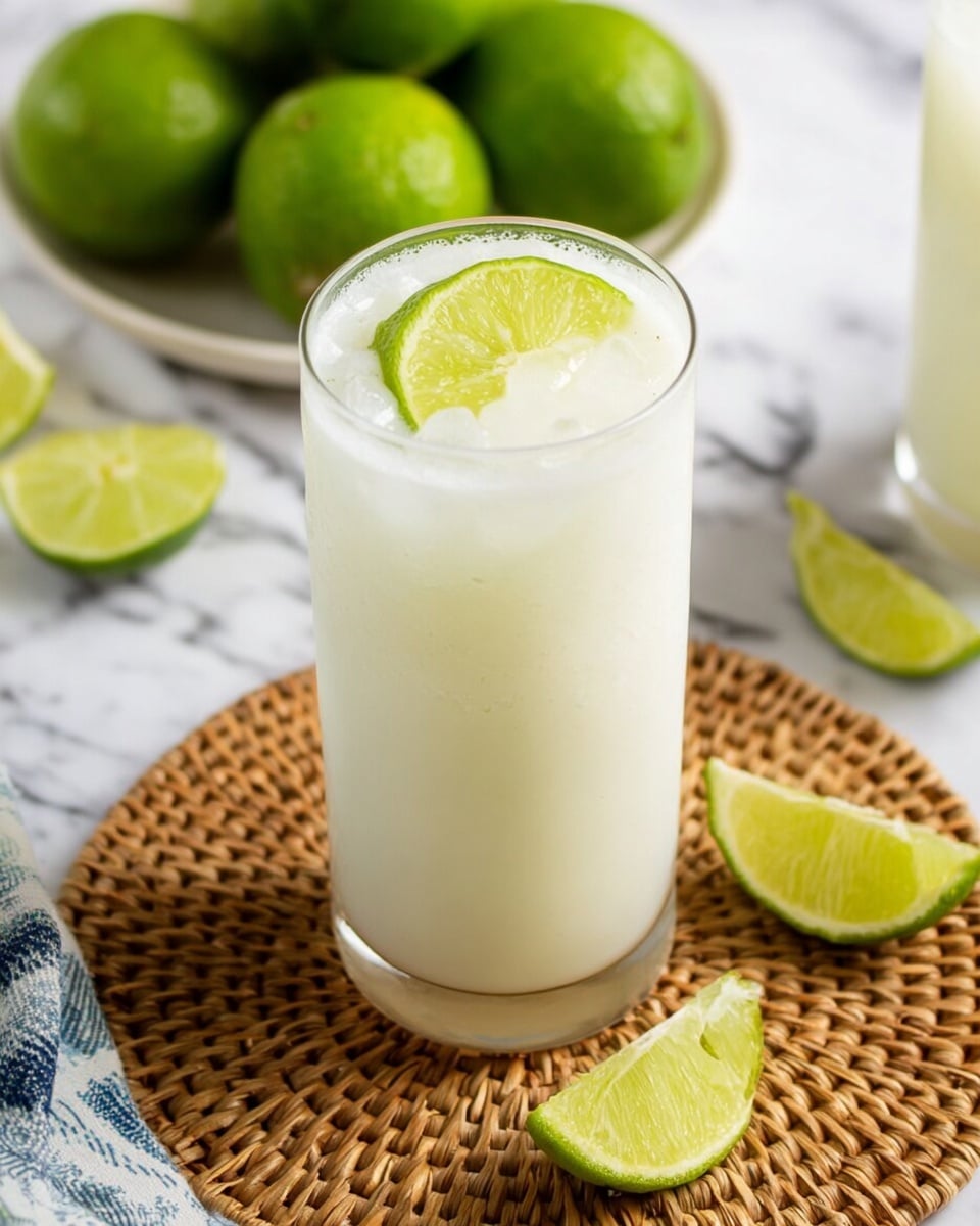 A tall clear glass filled with a milky white drink with small ice cubes floating inside, topped with two thin lime slices resting on the surface, sitting on a woven, light brown circular mat. Around the glass, there are several lime wedges and halves scattered on the mat, with a white plate holding whole limes slightly blurred in the background, all set on a white marbled textured surface. Photo taken with an iphone --ar 4:5 --v 7
