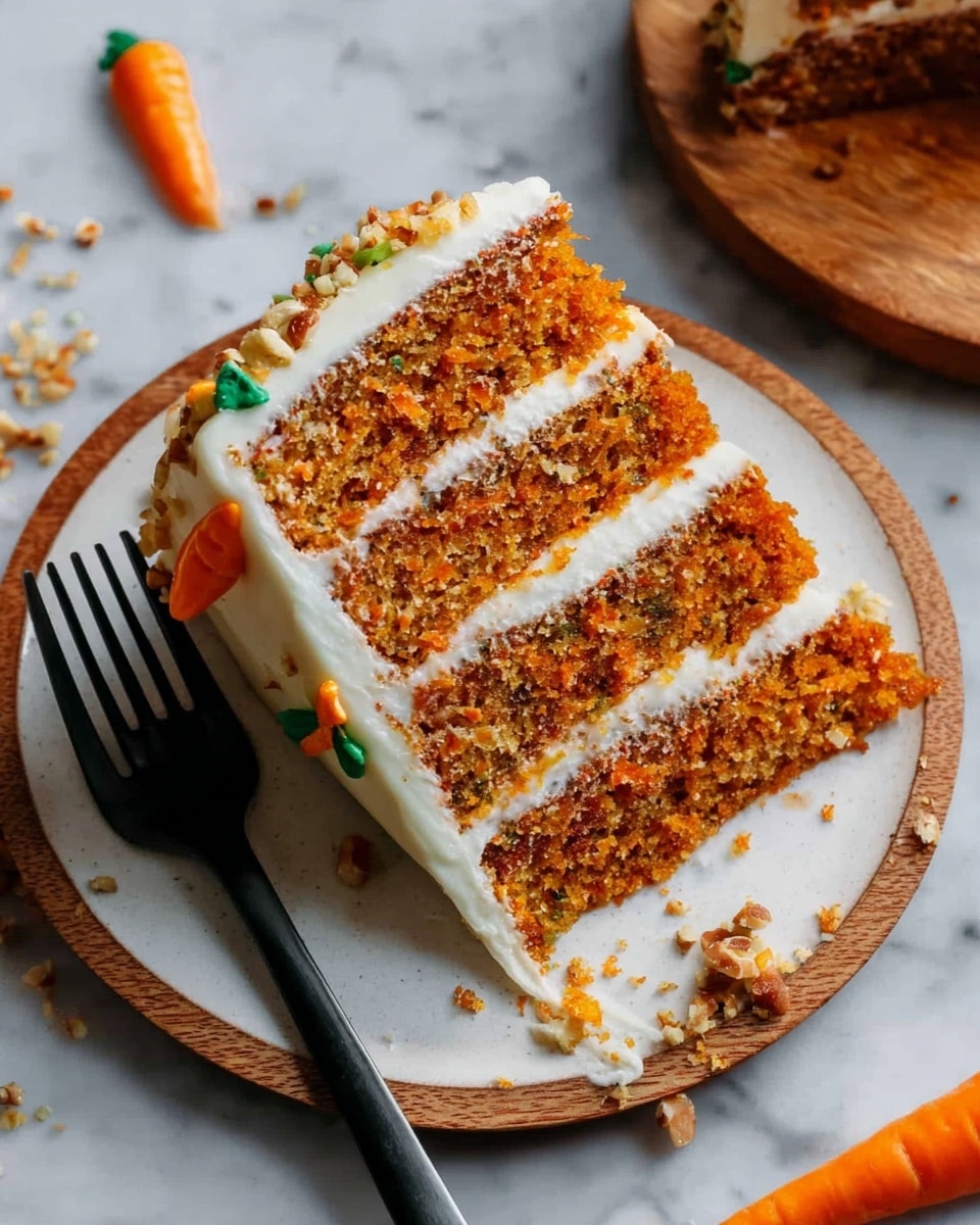 A slice of three-layer carrot cake sits on a round white plate with visible moist orange-brown cake layers separated by thick white cream cheese frosting layers. The outside frosting is smooth and decorated with small orange and green carrot-shaped icing details and crushed nuts. A black fork rests beside the cake slice, and there are some crumbs and small whole carrots scattered on a white marbled surface beneath the plate. Photo taken with an iphone --ar 4:5 --v 7