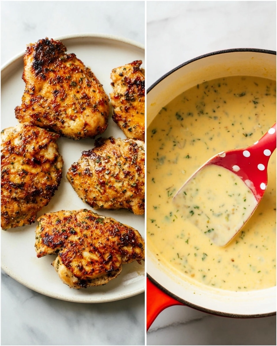 The first image shows four golden brown grilled chicken pieces on a round white plate, each piece having a slightly crispy and textured surface with visible herbs and spices, and some glistening oil around them. The second image displays a creamy, light yellow sauce with small green herbs mixed inside in a white pot, with a red spatula that has big white polka dots resting in the sauce. Both images have a white marbled surface as background. photo taken with an iphone --ar 4:5 --v 7