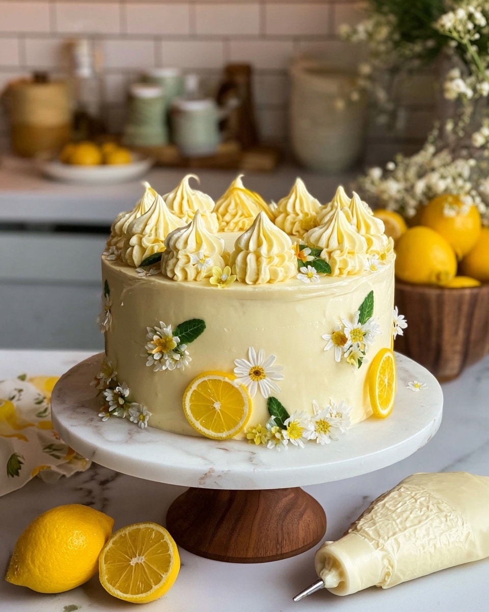 A slice of three-layer yellow cake with creamy white frosting between each layer sits on a white ornate plate. The cake has a soft, moist texture and smooth frosting on the sides. Thin lemon slices and a small green leaf garnish rest on the frosting at the side of the cake slice. A shiny gold fork is placed next to the cake on the plate. In the background, there is another similar cake slice on a white plate, whole lemons, some lemon slices, and a white berry basket filled with red cherries. The surface is a white marbled texture. Photo taken with an iphone --ar 4:5 --v 7