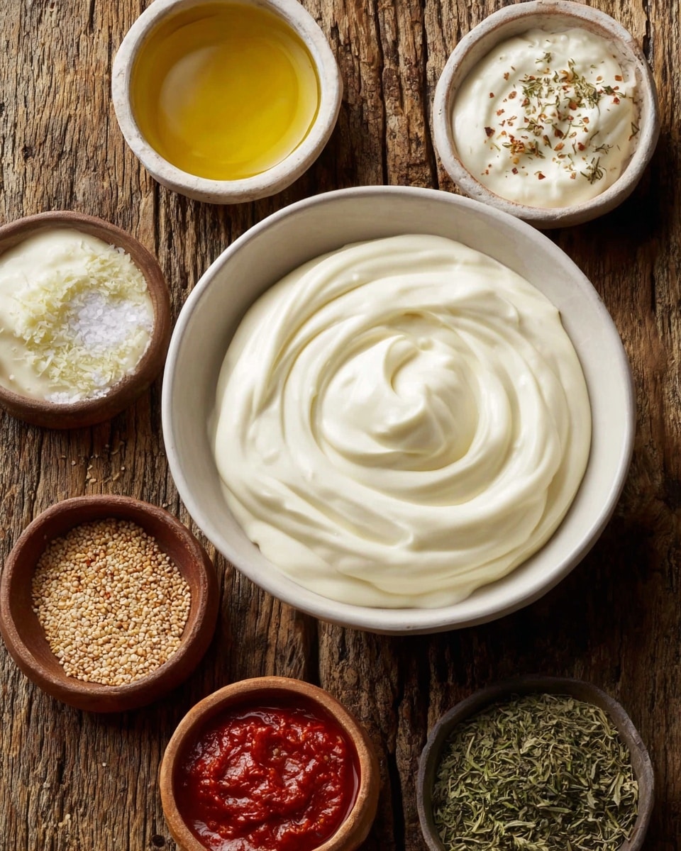 The image shows a large white bowl filled with a smooth, creamy white sauce swirled into soft peaks in the center. Surrounding it are six small white bowls, each holding a different ingredient: golden-yellow oil with a shiny surface, thick white sauce with specks of herbs, thick red sauce with a slightly bumpy texture, light brown seeds, a mix of white coarse salt and ground red spice, and green dried herbs with a flaky texture. All bowls are placed on a rustic wooden surface. photo taken with an iphone --ar 4:5 --v 7