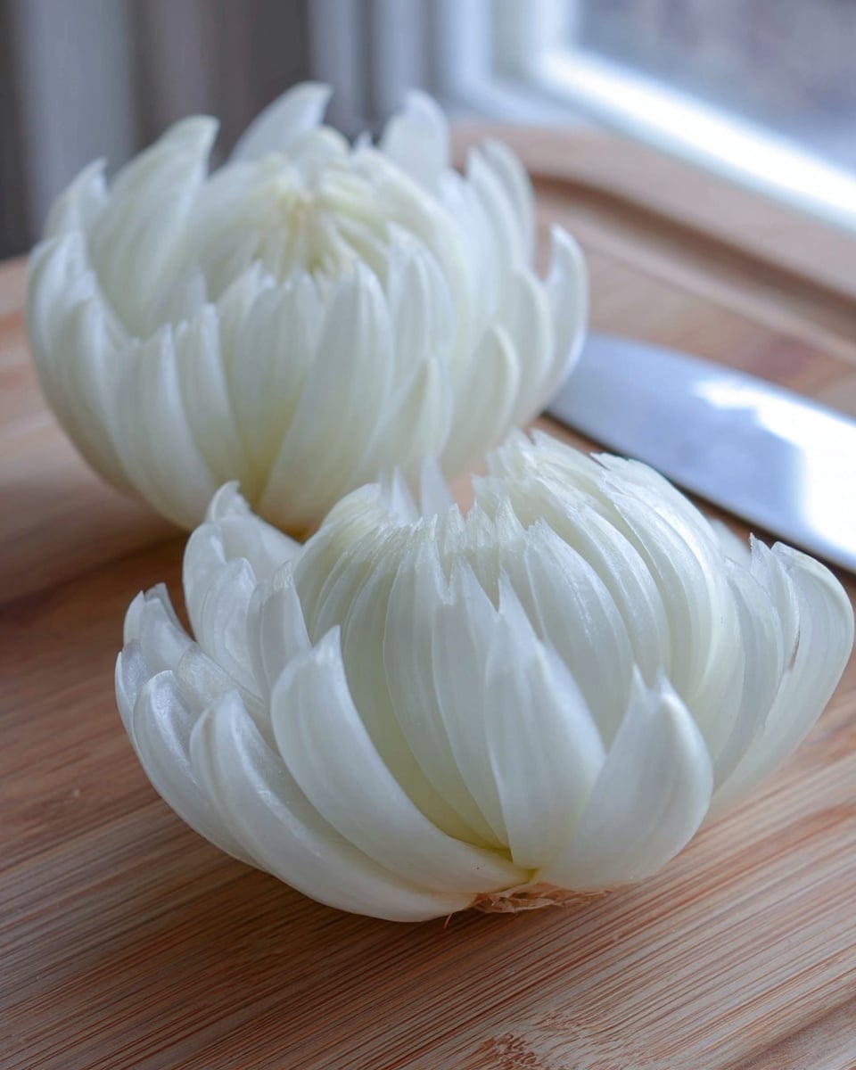 The image shows two white onions sliced into many thin layers and opened up like flowers, laying on a light brown wooden board with visible grain. Each onion displays multiple curved, translucent layers fanning out from the center, creating a delicate petal shape. A silver knife with a reflective blade is placed beside the onions near the top right corner. The background shows a faint window or light source with blurred outlines. The scene is simple and clean, focusing on the texture and brightness of the onion layers. Photo taken with an iphone --ar 4:5 --v 7