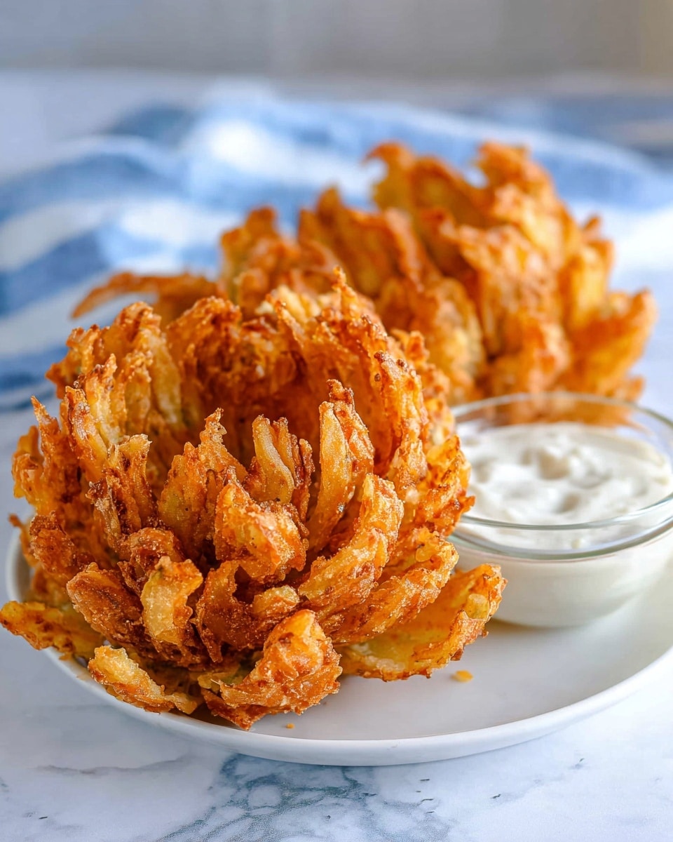 A close-up view of a golden brown fried blooming onion with many curled, crispy layers of batter, giving it a flower-like shape placed on a white marbled surface. To the top left, a clear small bowl with thick, creamy white dipping sauce with small visible specks inside sits next to the fried onion. The texture of the onion looks crunchy with a rough, uneven surface on each petal-like piece, showing variations of light and darker golden browns. The white marbled background and soft natural light give a clean and fresh look, focusing on the warm tones of the fried onion. Photo taken with an iphone --ar 4:5 --v 7