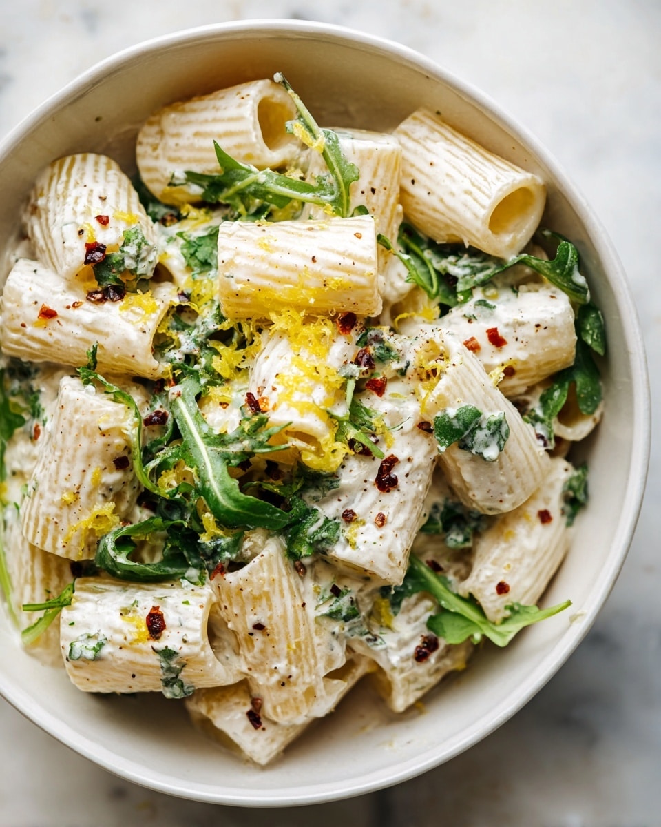 A white bowl filled with short tube pasta coated in a creamy white sauce, with fresh green arugula leaves mixed in. The pasta pieces are topped with small green herb bits, black pepper specks, and red chili flakes. There are also small yellow lemon zest pieces sprinkled over the top. The bowl is placed on a white marbled textured surface. Photo taken with an iphone --ar 4:5 --v 7