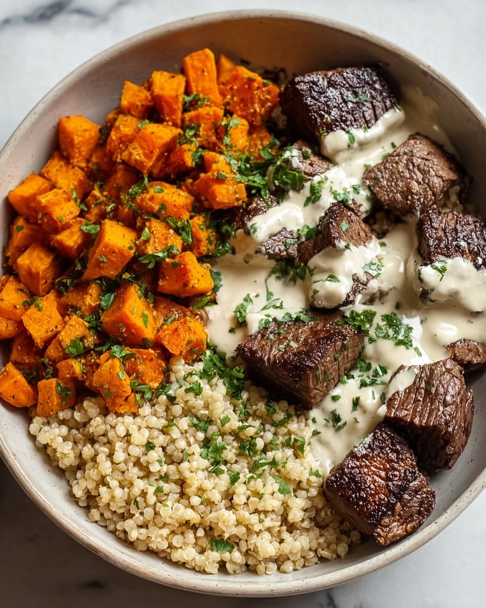 A white bowl is filled with three main layers: the bottom layer is light tan cooked grains with a coarse texture, covering the whole base; on one side, bright orange cubes of roasted sweet potatoes are piled, sprinkled with green chopped herbs; on the other side, dark brown seared beef cubes rest on the grains, topped with a creamy white sauce that also has small green herb pieces scattered on it. The bowl sits on a white marbled surface photo taken with an iphone --ar 4:5 --v 7