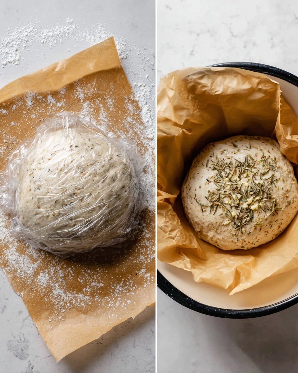The image shows two views of a dough ball. On the left, the dough is round and smooth with specks of seasoning, placed on a light brown paper spread on a white marbled surface dusted with flour, covered loosely with clear plastic wrap. On the right, the dough is placed inside a bowl lined with parchment paper; it looks puffed and soft with visible herbs and garlic pieces sprinkled on top, resting amid the crinkled parchment inside the bowl, which has a black rim and tan interior. Photo taken with an iphone --ar 4:5 --v 7