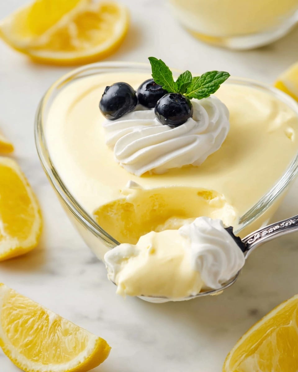 A glass dish holds a smooth, pale yellow lemon mousse with a creamy texture, with a spoon scooping a portion from the side. The mousse is topped with a swirl of white whipped cream, two dark blueberries, and a small green mint leaf. Around the dish, there are slices of fresh lemon and a silver spoon with some mousse on it, all set on a white marbled surface. Photo taken with an iphone --ar 4:5 --v 7