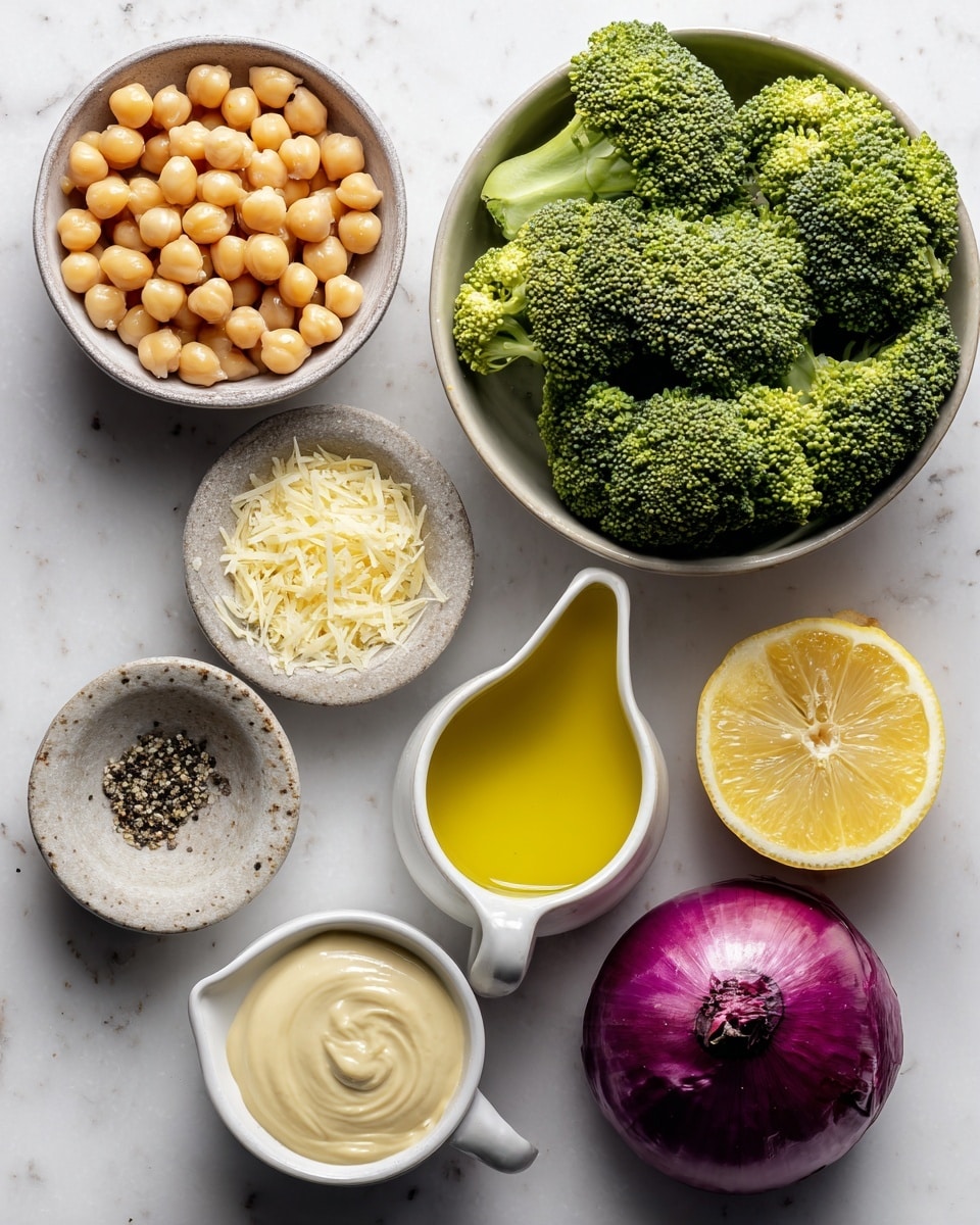 The image shows eight ingredients neatly arranged on a white marbled surface. In the top right, there is a bowl filled with bright green broccoli florets with a textured, bumpy surface. Below the broccoli, to the right side, there is a whole, round, purple onion with a smooth, shiny skin. Next to the onion is half a lemon cut across its middle, showing its light yellow, juicy inside with visible segments. Moving left from the lemon, a small white ceramic jug holds a golden yellow oil with a smooth surface. Above this jug, a small stone bowl is filled with finely grated, pale yellow cheese. To the left of the cheese, a small white bowl contains a swirl of creamy, light beige tahini sauce with a smooth texture. Above the tahini, a tiny white bowl holds ground black pepper with coarse grains. At the top left, a white bowl contains round, light beige chickpeas with a smooth, slightly shiny surface. Above this bowl, there is a glass bottle with yellow oil, featuring a curved top and a handle. The overall layout is simple, clean, and well spaced. Photo taken with an iphone --ar 4:5 --v 7
