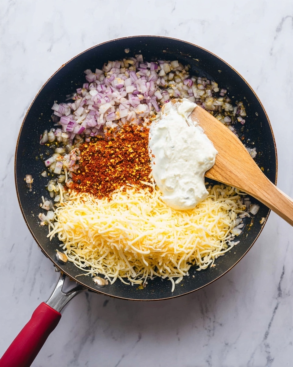 A black frying pan sits on a white marbled surface filled with four main layers arranged in a circular pattern: finely chopped light purple onions sautéing in oil, a pile of bright orange-red chili flakes, a dollop of thick white sour cream, and a heap of shredded pale yellow cheese. A wooden spatula with a red handle rests inside the pan, touching the cheese. The ingredients create a colorful contrast against the black pan and white marbled background, showing a mix of textures from smooth sour cream, flaky chili, shredded cheese, to chopped onions photo taken with an iphone --ar 4:5 --v 7