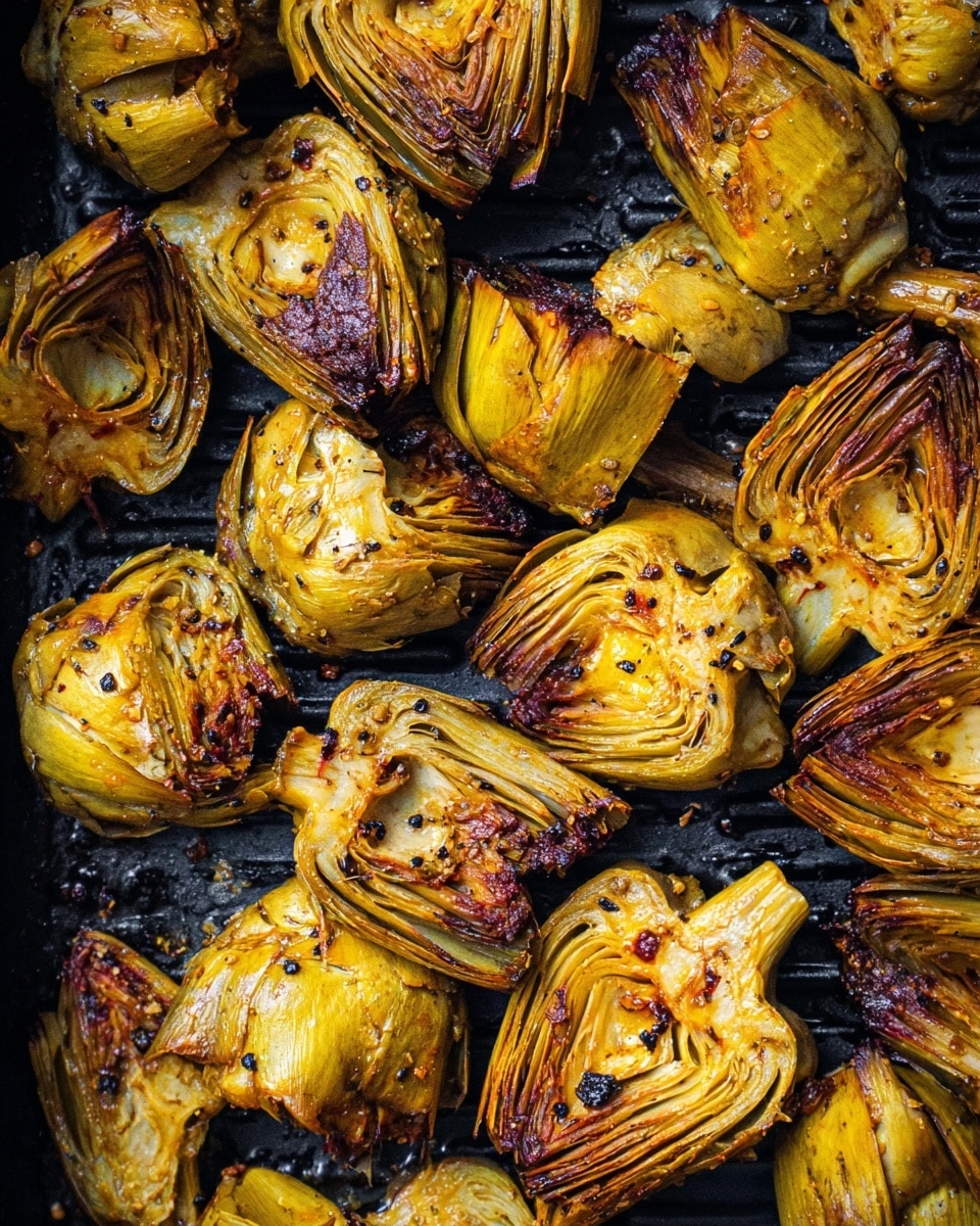 The image shows many pieces of golden roasted artichokes placed spread out on a black grill pan. Each piece has a browned and slightly crispy texture with dark brown edges, showing a mix of light yellow and golden colors. Some pieces have visible seasoning with small black and red specks. The artichokes are arranged closely but not stacked, covering most of the grill pan surface. The dark grill lines contrast with the bright roasted vegetables, making them stand out. photo taken with an iphone --ar 4:5 --v 7