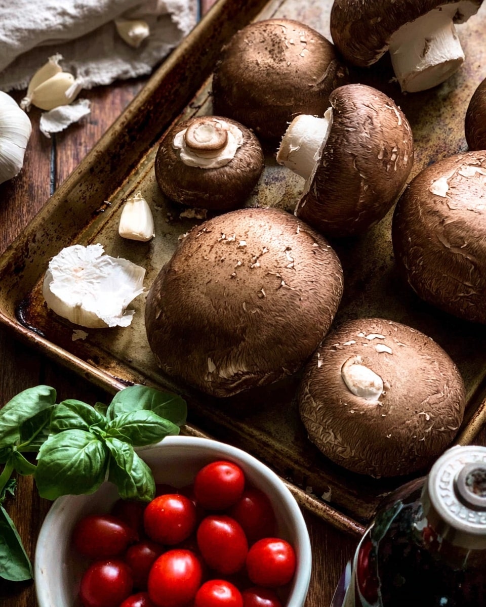 A close-up view of large brown mushrooms with textured caps and thick white stems arranged on a baking tray, sitting on a wooden surface. Below the mushrooms is a white bowl filled with small, shiny red grape tomatoes. To the side, there is a bulb of white garlic with some loose cloves nearby and fresh green basil leaves scattered around. A dark glass bottle with a metallic top is partially visible at the bottom right corner. The lighting highlights the natural texture of the mushrooms and freshness of the other ingredients, with a white marbled texture surface. photo taken with an iphone --ar 4:5 --v 7