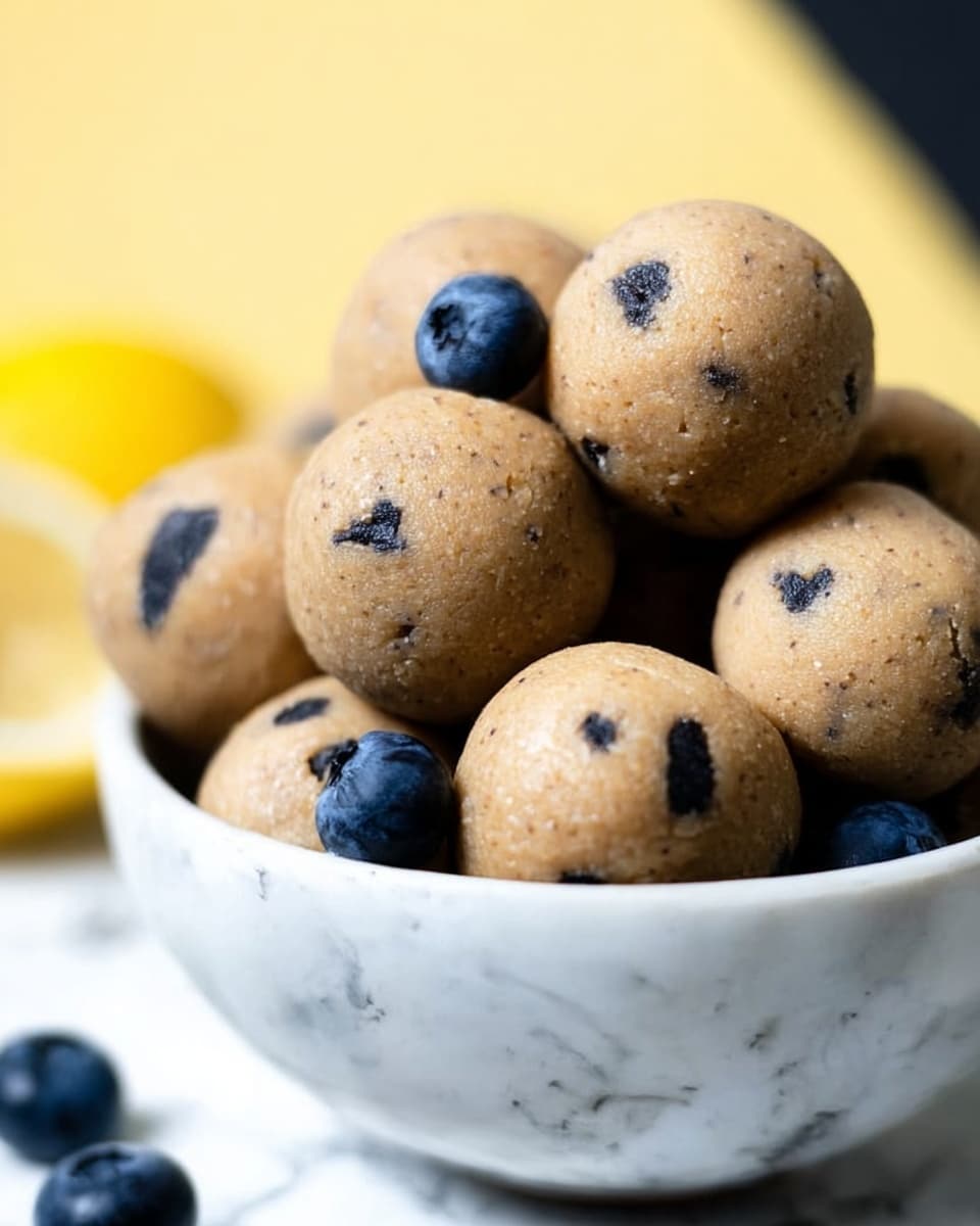A white bowl filled with round light brown balls that have small black pieces inside them, with a few fresh dark blue blueberries scattered between the balls. The bowl sits on a white marbled surface with a blurred yellow and black background. The balls look smooth and evenly shaped, stacked closely together in the bowl. Photo taken with an iphone --ar 4:5 --v 7
