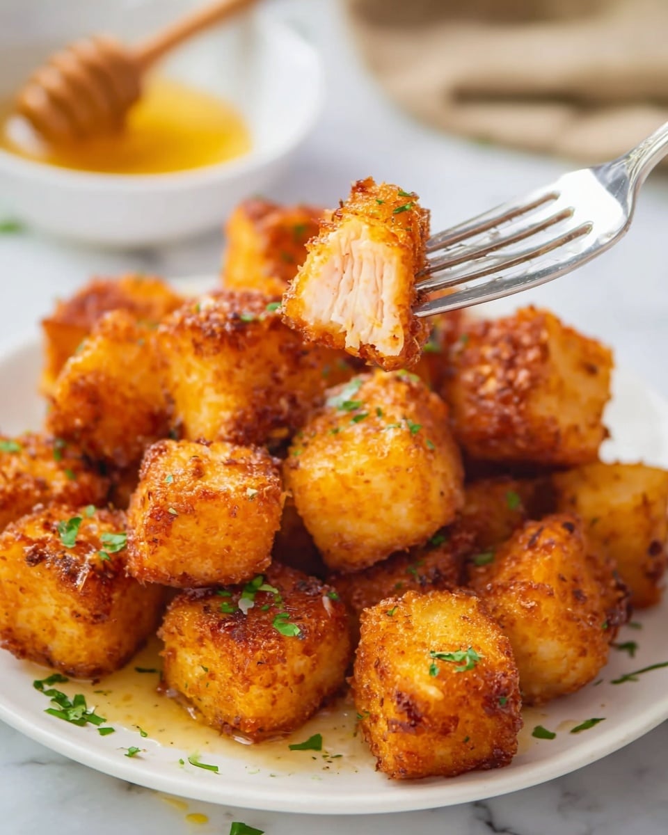 A close-up shows many small, golden brown fried cubes with a crispy texture piled together on a white plate, each cube sprinkled lightly with bright green chopped herbs. One cube is held up by a shiny silver fork, revealing a soft pink inside with a tender, flaky texture. In the soft-focus background, a small white bowl holds a honey dipper with amber honey inside. The scene is set on a white marbled surface. photo taken with an iphone --ar 4:5 --v 7