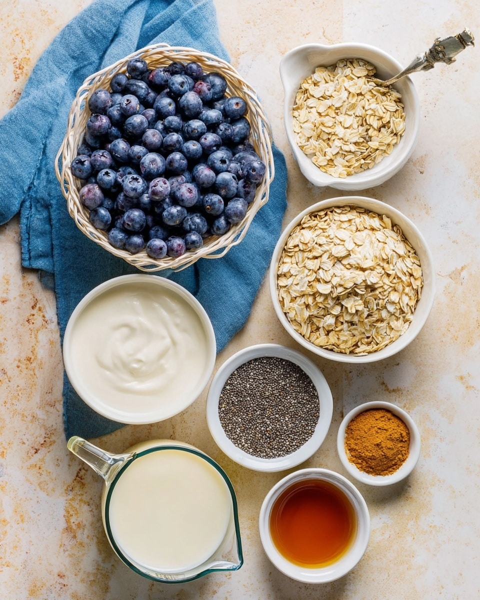 A white basket filled with fresh blueberries sits on a blue cloth to the left. Surrounding it, there are several white bowls holding various ingredients: one bowl is full of rolled oats, another has creamy yogurt, one contains tiny black chia seeds, and a few smaller bowls have different syrups and powders in amber and light brown shades. A glass measuring cup filled with milk is placed near the bottom left corner. All items are arranged on a light brown surface, but changed to a white marbled texture. The image is bright and clean, showing the ingredients neatly separated, with natural light highlighting the textures and colors. photo taken with an iphone --ar 4:5 --v 7