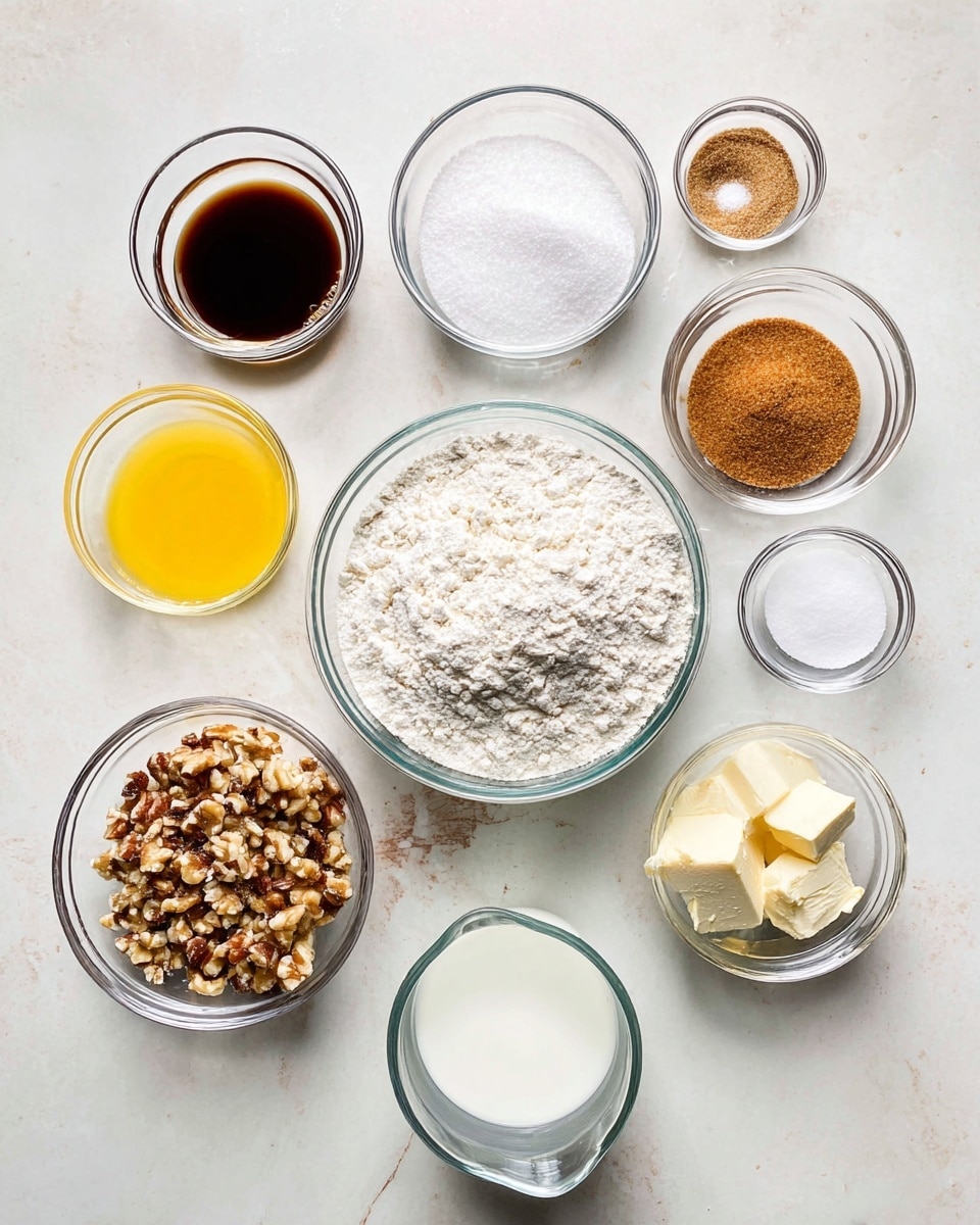 A top-down view of several clear glass bowls with different ingredients arranged on a white marbled surface. The largest bowl in the center holds white flour. To the top right is a bowl filled with brown sugar, slightly coarse in texture. Below that, a smaller bowl contains melted yellow butter. Next to the flour on the bottom left is a bowl with finely chopped nuts showing a mix of brown and cream colors. Above the nuts is a bowl with white granulated sugar and nearby at the top left is a bowl with dark brown syrupy liquid. At the top center are two small bowls, one with white salt and one with a light brown powder, likely cinnamon. Just below them is a glass of clear water, and to the right side near the brown sugar is a small bowl with white milk. The whole scene is bright and well lit. photo taken with an iphone --ar 4:5 --v 7