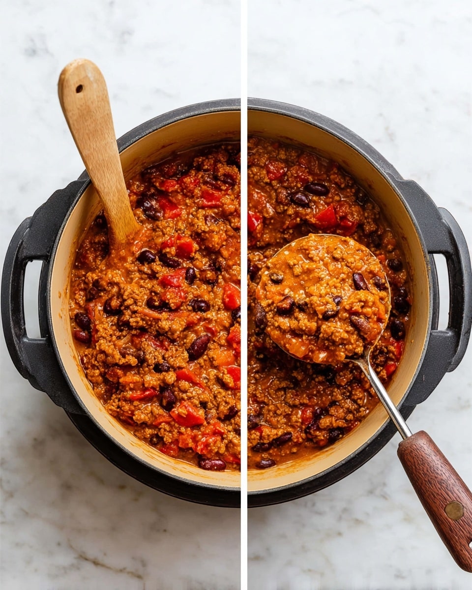 The image shows a round black cooking pot with a beige inside, filled with thick chili. The chili has layers of different colors and textures: dark red kidney beans, black beans, small chunks of red tomatoes, and brown ground meat all mixed in a rich, orange-brown sauce. In the left part of the image, a wooden spatula is partly placed inside the chili, showing the chunky mixture. In the right part, a metal ladle with a wooden handle scoops a portion of the chili, highlighting its thick and hearty texture. The pot is set on a white marbled surface. Photo taken with an iphone --ar 4:5 --v 7