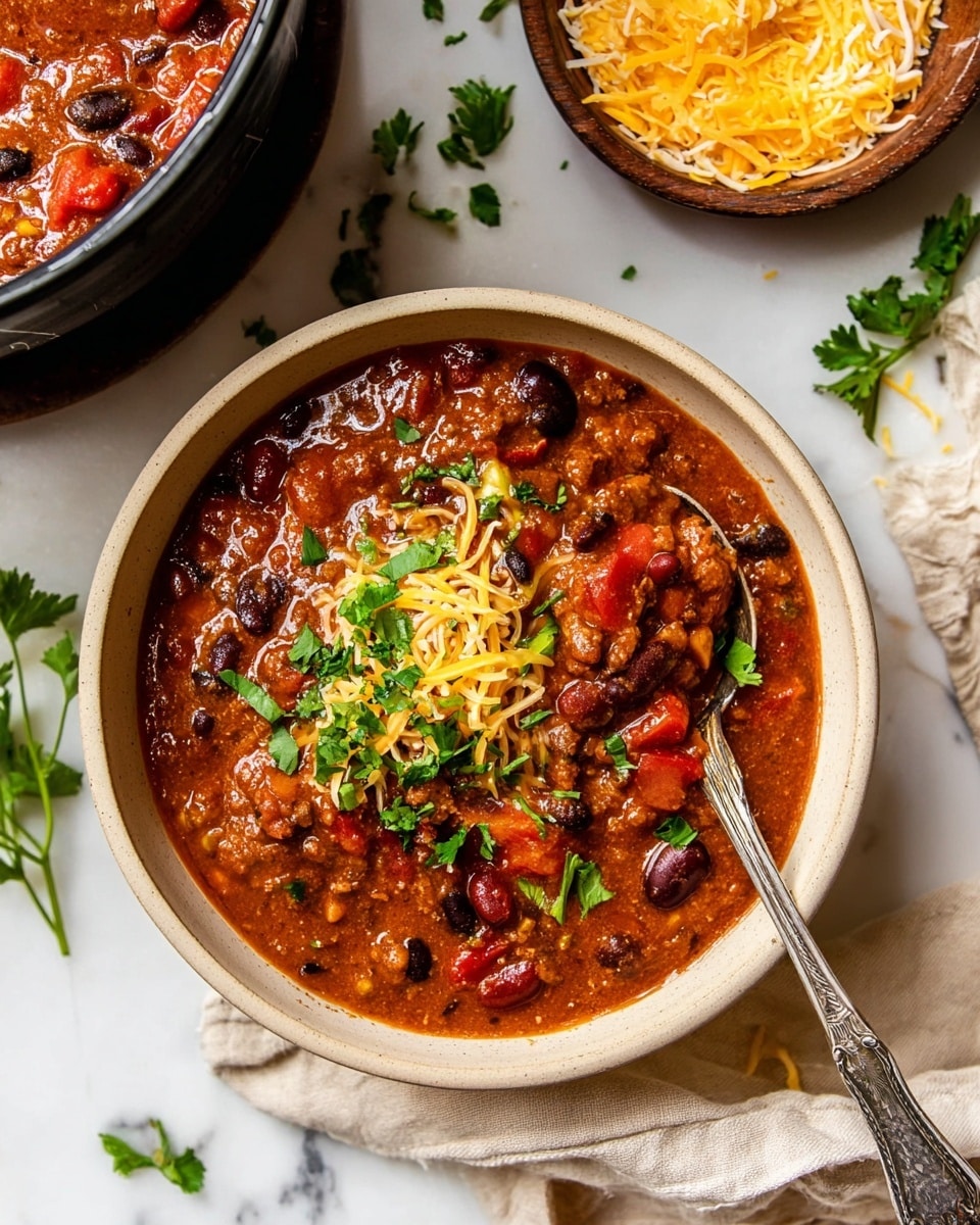 A white bowl filled with thick chili, showing rich reddish-brown sauce mixed with dark black beans and red kidney beans. The chili has small chunks of meat and visible bits of tomatoes, creating a textured, hearty look. On the left side of the chili, there are thin strips of white and yellow cheese lightly scattered on top. Fresh green cilantro leaves are sprinkled over the chili, adding a bright contrast. A silver spoon with a detailed floral handle is scooping up some chili, slightly shiny from the sauce. The bowl sits on a white marbled surface with a beige cloth napkin beside it. Photo taken with an iphone --ar 4:5 --v 7