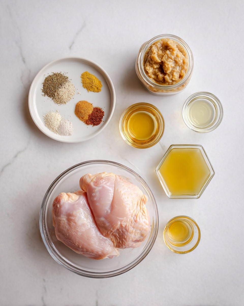A clear glass bowl at the bottom of the image holds two raw, pale pink chicken pieces with a smooth, slightly shiny texture. Above it, small white dishes and glass containers are spread on a white marbled surface. The small white plate has four piles of dry spices in different shades of brown, beige, and white. Next to it on the right, a small glass bowl contains bright yellow mustard with a creamy texture. Above this, there is a small jar filled with a chunky light brown mixture, and beside it, three small glass jars hold clear liquids in yellow, pale amber, and light pink hues. At the center, there is a small hexagonal glass bowl filled with a translucent pale yellow liquid. photo taken with an iphone --ar 4:5 --v 7