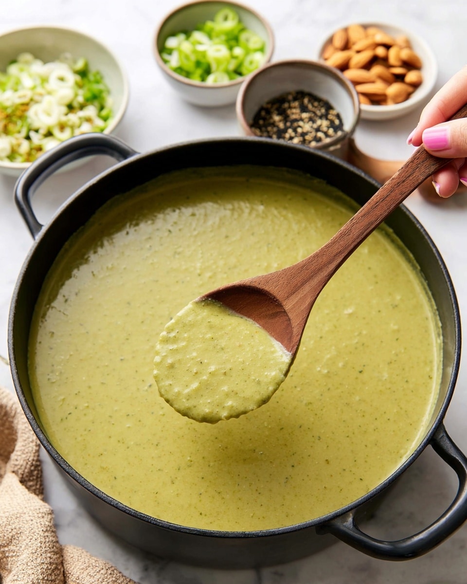 A close-up shot of a large black pot filled with thick, green soup that has a slightly grainy texture. A wooden spoon is held by a woman's hand with light pink nail polish, lifting a scoop of the creamy soup above the pot. In the blurred background, there are three small bowls on a white marbled surface; the left bowl contains sliced green onions, the middle bowl has a mix of black and yellow seasoning, and the right bowl holds sliced almonds. The scene is bright and clean with a cozy, fresh feel. photo taken with an iphone --ar 4:5 --v 7