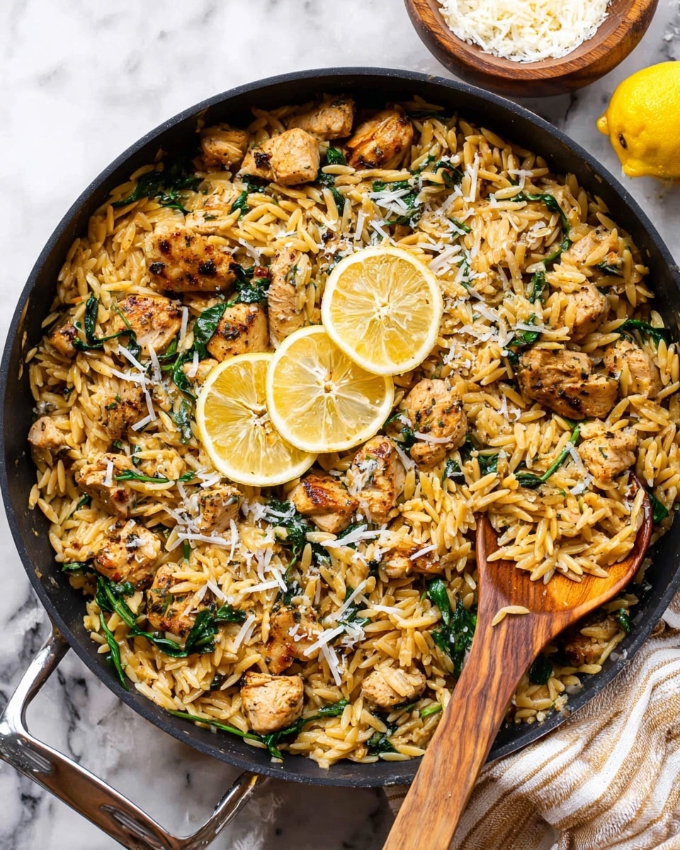 The image shows a close-up of a dish with several layers. The bottom layer is light brown orzo pasta mixed with green spinach leaves. Scattered on top are many pieces of cooked chicken chunks with a slightly charred, seasoned look, light golden brown with specks of black seasoning. There are thin, pale yellow strips of cheese sprinkled lightly over the dish. Two slices of grilled lemon with char marks rest near the top right. A wooden spoon is lifting some of the mixture from the bottom right. The dish is placed against a white marbled background. Photo taken with an iphone --ar 4:5 --v 7