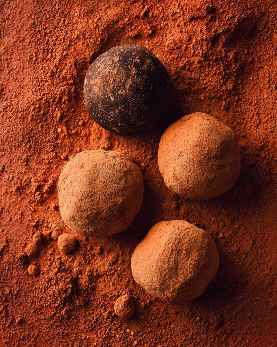 Four round truffles are placed on a surface covered with reddish-brown cocoa powder. Two truffles are darker brown with a smoother texture, while the other two are lighter brown and lightly dusted with the cocoa powder. The cocoa powder forms a rough and uneven background, with visible small clumps and fine dust around the truffles, adding a textured look. photo taken with an iphone --ar 4:5 --v 7