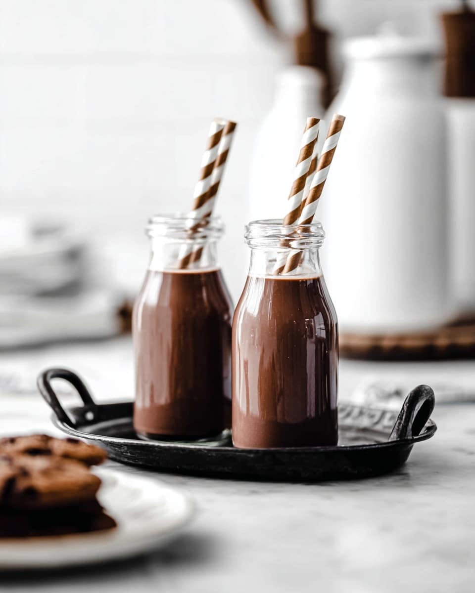 Two small clear glass bottles filled three-quarters full with dark brown chocolate milk stand side by side on a shiny black tray with handles, placed on a white marbled surface. Each bottle has a brown and white striped paper straw standing straight up from the liquid inside. In the foreground, out of focus, is a white plate with a dark baked cookie on it, partially visible. In the background, blurred white and brown objects rise softly against a white wall. Photo taken with an iphone --ar 4:5 --v 7