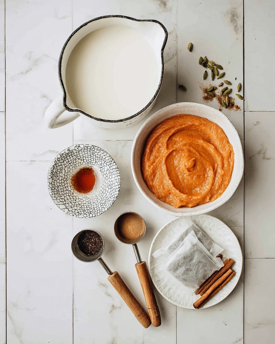 A top-down view shows several ingredients arranged on a white marbled tiled surface. There is a white enamel jug filled nearly to the top with creamy milk, positioned at the top left. To the right is a white bowl holding a thick, smooth orange puree with a textured surface. Below the jug is a small white patterned dish with a dark amber liquid inside. At the bottom are two wooden-handled measuring scoops, one filled with a dark liquid and the other with a brown powdery spice. A small white plate to the right holds two rectangular tea bags on top of a few whole spices, including cinnamon sticks and cardamom pods. The whole scene has a rustic, clean aesthetic. Photo taken with an iphone --ar 4:5 --v 7