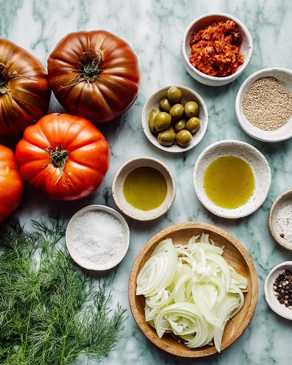 The image shows a collection of fresh ingredients arranged neatly on a white marbled surface. There are four large, ripe tomatoes in shades of red and brown placed towards the left side. Several small white bowls contain different items: green olives sliced in halves, minced garlic, grainy mustard, olive oil, coarse salt, cracked black pepper, and fine white salt. On the right, a light wooden bowl holds thinly sliced white fennel, with fresh green dill sprigs next to it. Everything is spread out clearly, showing a variety of colors and textures, from smooth tomatoes to rough mustard and soft fennel. photo taken with an iphone --ar 4:5 --v 7