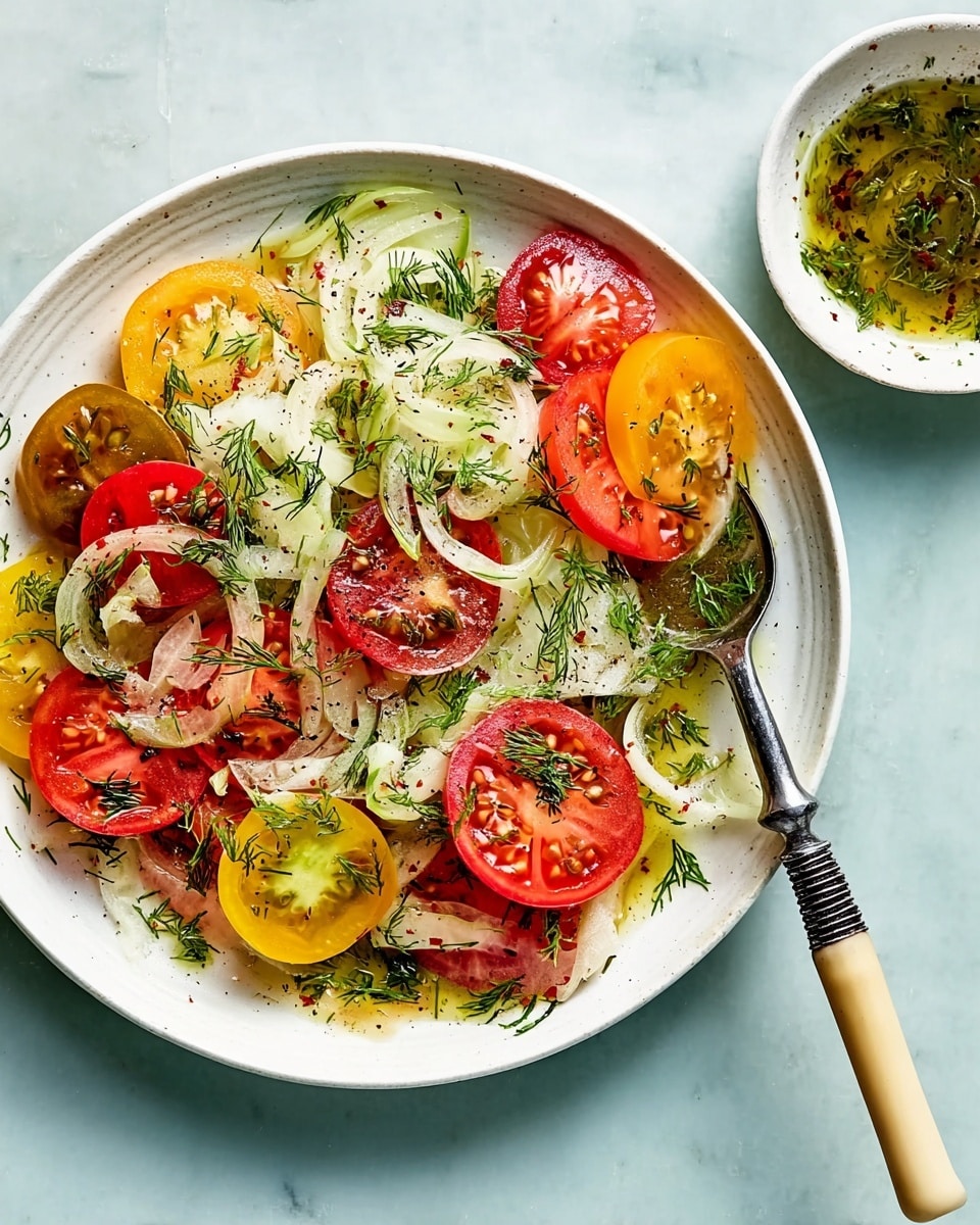 A white plate holds a fresh salad arranged in three main visible layers: the bottom layer has thinly sliced pale green fennel with a slight crunch, the middle layer is made up of round slices of red and yellow tomatoes, topped with several halved small red tomatoes and slices of light green pepper rings scattered all over. Fresh dill sprigs are sprinkled on top, giving the salad a speckled green finish. The salad looks lightly dressed with oil and herbs. A fork with a beige and black patterned handle rests on the plate, spearing some fennel and tomato at the edge. The plate sits on a white marbled surface beside a small round white bowl filled with a herb oil dressing, with a spoon dipped inside. photo taken with an iphone --ar 4:5 --v 7