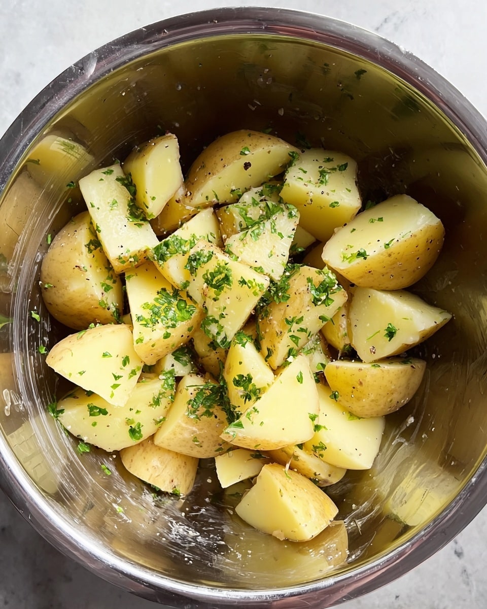 Inside a large shiny metal bowl, there are several pieces of pale yellow potatoes, cut into medium chunks with smooth edges. The potato pieces are coated lightly with oil and black pepper, giving some of them a shiny texture. Small green parsley flakes are scattered evenly over the potatoes, adding a touch of fresh color on top of the pale yellow and light brown skin. The inside of the bowl shows a bit of oil coating on its surface. The setting is on a white marbled surface. photo taken with an iphone --ar 4:5 --v 7