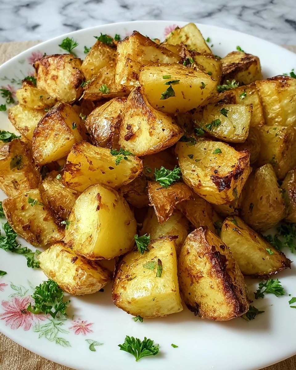 The image shows a pile of golden roasted potato pieces on a white plate with a subtle floral pattern. The potatoes have a slightly browned, crispy skin with a soft yellow inside. Small green parsley leaves are scattered on and around the potatoes, adding a touch of freshness and color contrast. The plate sits on a white marbled surface. photo taken with an iphone --ar 4:5 --v 7