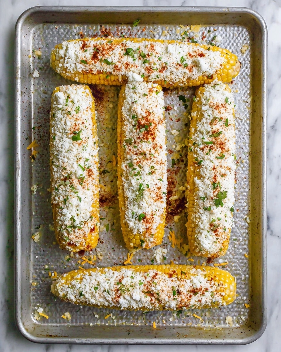 Four ears of corn lie side by side on a metal baking tray with a textured surface. Each ear of corn is coated evenly with a white creamy layer, topped with finely crumbled white cheese. Light green herb bits are scattered on the white layer, and reddish-brown spice powder is sprinkled over the tops, adding contrast. The corn kernels show through slightly beneath the coating with a yellow color. Small bits of cheese and spice are scattered on the baking tray around the corn. The background is a white marbled surface. Photo taken with an iphone --ar 4:5 --v 7