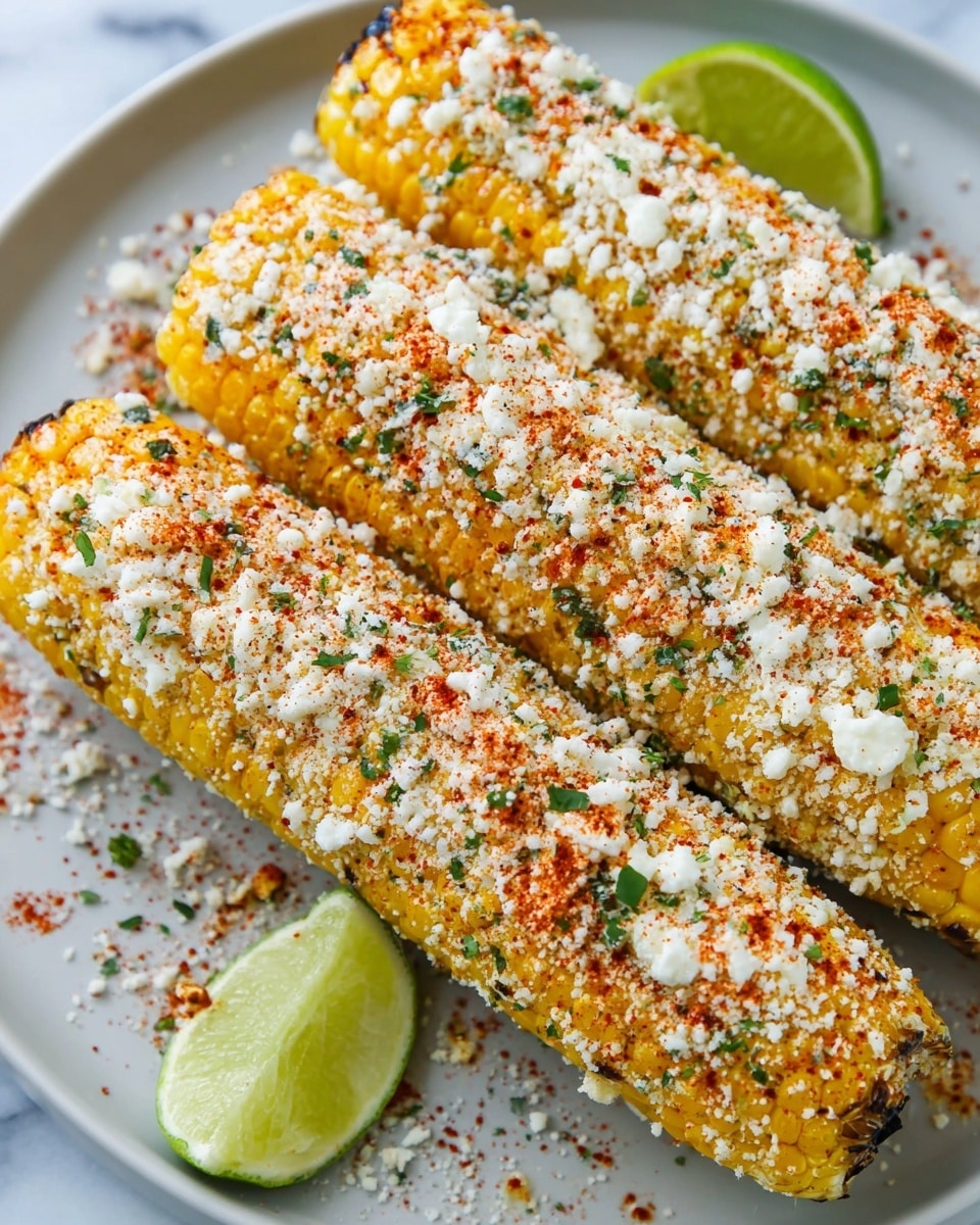 Three ears of grilled corn lie on a white plate, each fully covered with a thick layer of white cheese crumbles sprinkled with red chili powder and small green herb bits. The corn underneath shows bright golden yellow and some darker charred spots. Scattered white cheese crumbs and red chili powder grains are visible on the plate and white marbled surface around it. Two small lime wedges with pale green flesh rest near the corn. The texture of the corn kernels is plump and juicy, topped with finely grated cheese creating a rough texture. Photo taken with an iphone --ar 4:5 --v 7