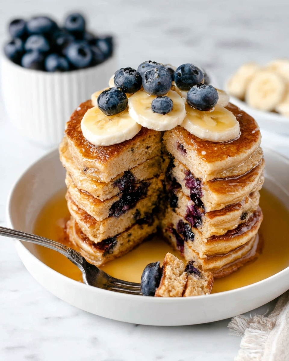 A tall stack of seven thick pancakes sits in a white bowl filled with golden syrup, with a small section cut out showing inside layers spotty with dark blueberries. On top of the stack, there are two layers of banana slices and scattered fresh blueberries, adding bright yellow and deep blue colors against the warm brown of the pancakes. A silver fork in the syrup holds two small pancake pieces. In the background, there is a small white bowl full of fresh blueberries, all set on a white marbled surface. Photo taken with an iphone --ar 4:5 --v 7