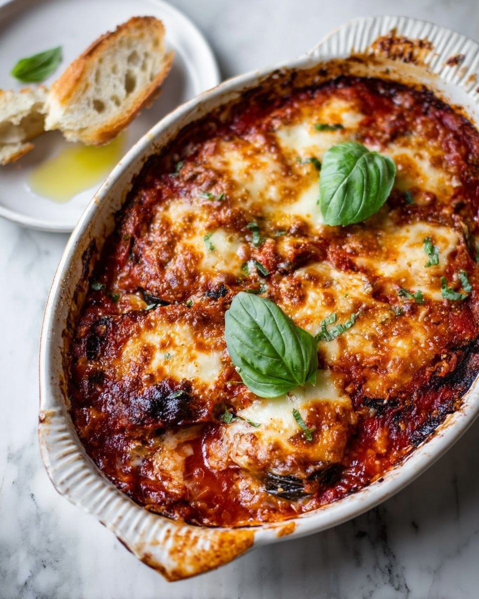 A round baked dish with two layers visible: the bottom layer is a rich red tomato sauce with darker roasted vegetable pieces, topped with a melted, bubbly golden cheese layer unevenly spread, creating small pockets of browned edges. Two fresh green basil leaves sit lightly on top, adding a fresh contrast. The dish is in an oval white ceramic baking dish with a textured rim, placed on a white marbled surface. Next to it, a small white plate holds a piece of torn bread lightly drizzled with olive oil. Photo taken with an iphone --ar 4:5 --v 7