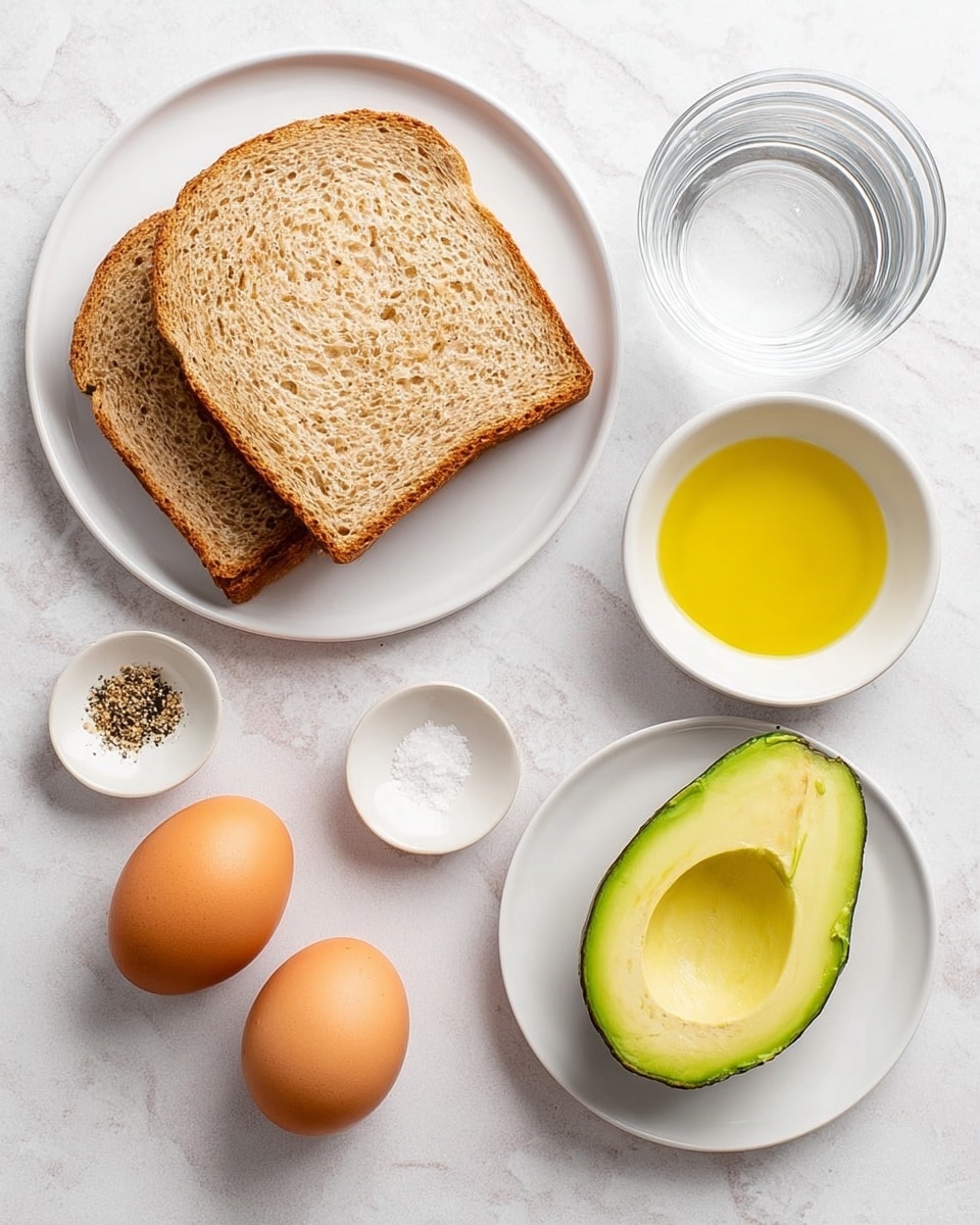 The image shows ingredients for an avocado toast on a white marbled surface. Two slices of whole wheat bread with a light brown crust and soft, beige interior are placed on the top left. Below the bread, there are two brown eggs. To the right, a white bowl with yellow olive oil sits next to a small white dish containing salt and black pepper. In the middle right, a white plate holds half an avocado with a bright green outer layer and smooth pale yellow inside, with the seed removed. Lastly, a clear glass bowl filled with water is placed beside the oil. photo taken with an iphone --ar 4:5 --v 7