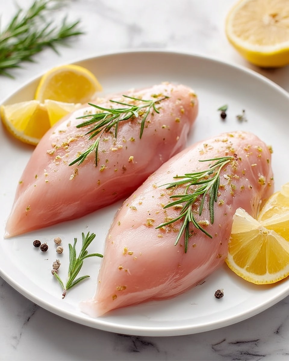 The image shows two smooth, pink raw pieces of chicken placed side by side on a white plate. Each piece is topped with a small sprig of fresh green rosemary. The plate also has two thin yellow lemon slices at the edges beside the chicken. There are small black pepper grains sprinkled lightly on the chicken and plate. The plate is set on a white marbled surface with a soft natural light that highlights the freshness of the ingredients. photo taken with an iphone --ar 4:5 --v 7