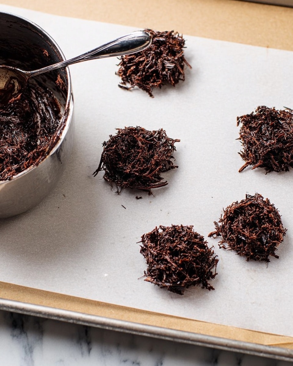 On a baking tray lined with white parchment paper, there are five small piles of dark brown shredded chocolate mixture, each pile uneven and textured like small nests or clusters. A silver spoon with some chocolate mixture stuck to it presses down gently on one pile, flattening it slightly. On the left side, part of a shiny metal pot or bowl with more dark chocolate mixture inside is visible, placed on a white marbled surface. The overall scene shows a close view of the textured chocolate piles being prepared for baking or setting photo taken with an iphone --ar 4:5 --v 7