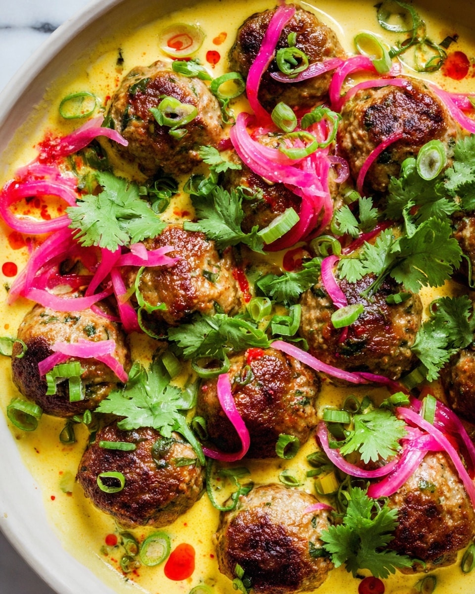 The image shows a dish with about twelve brown meatballs, each with a slightly crispy surface and some green herbs mixed inside. The meatballs are placed in a creamy, yellow sauce that covers the bottom of the white plate. Bright pink pickled onion slices are scattered over and around the meatballs, adding a vibrant color contrast. Green herbs like cilantro leaves and sliced green onions are sprinkled generously on top. There are also small drops of red oil or chili on the sauce, giving extra color and texture. The dish is presented on a white marbled surface. photo taken with an iphone --ar 4:5 --v 7