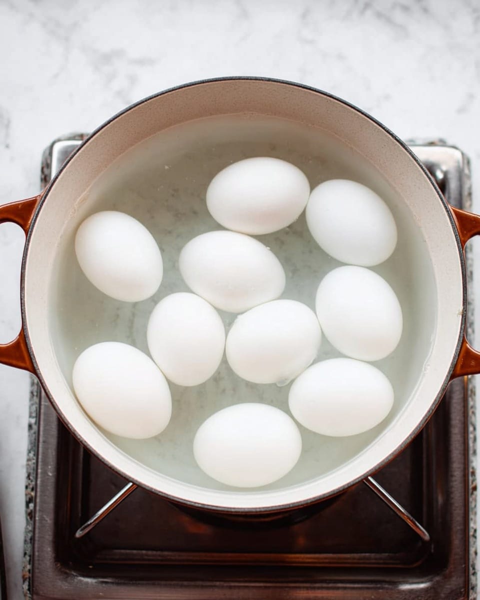 The image shows a white pot with brown handles filled with clear water, inside which there are nine white eggs fully submerged. The pot sits on a stove, and the background features a white marbled surface. The eggs are smooth and evenly spaced, floating gently in the water. photo taken with an iphone --ar 4:5 --v 7