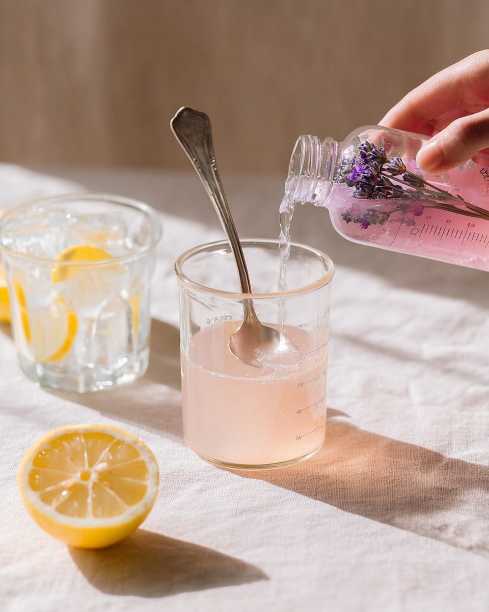A clear glass beaker with measurement markings is filled with a pale pink liquid, and a metal spoon stands inside it. A woman's hand is pouring more of the same pink liquid from a small clear bottle decorated with a sprig of purple lavender. To the left of the beaker, there is a halved lemon showing its yellow interior, and in the foreground, a clear glass with ice cubes and a lemon slice rests on a white marbled surface. The scene is softly lit with natural light, creating gentle shadows. photo taken with an iphone --ar 4:5 --v 7