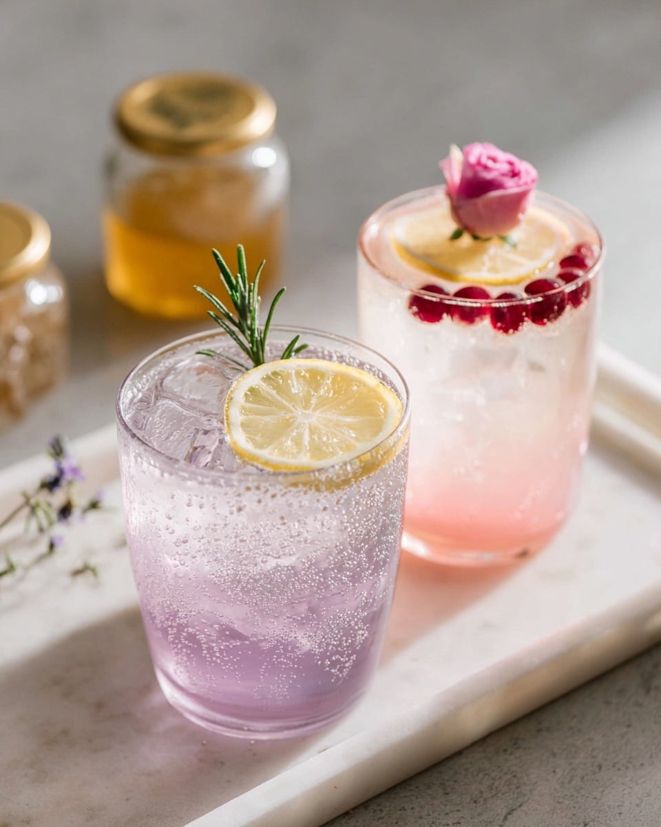Two clear glasses with soft colored drinks sit on a white marbled tray. The front glass holds a light purple drink with bubbles and ice cubes, topped with a thin lemon slice leaning on one side and a small green rosemary sprig standing next to it. The back glass contains a pale pink bubbly drink with small red berries at the bottom, garnished with a half lemon slice resting on the rim and a small pink rose floating on top. A gold bottle cap and a small jar of honey sit on the white marbled surface in the background. photo taken with an iphone --ar 4:5 --v 7