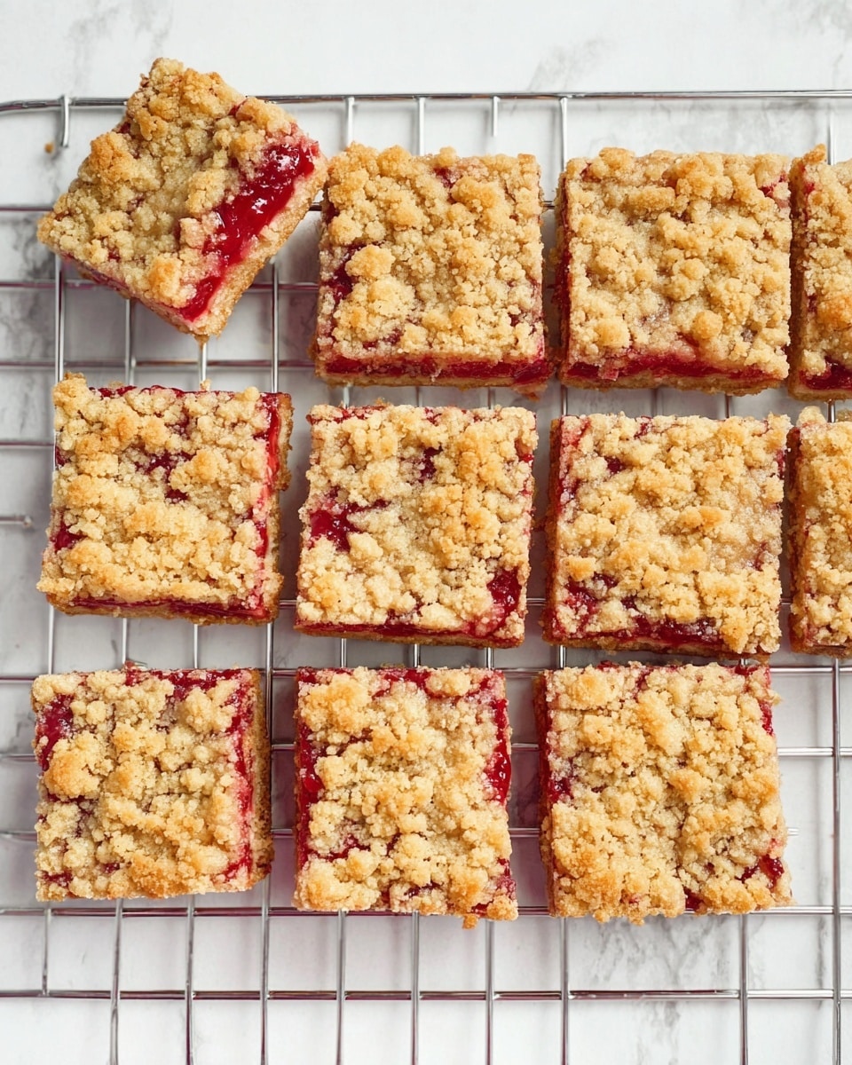 The image shows nine square pieces of dessert bars with a crumbly light brown topping and a bright red filling layer underneath. The bars are arranged on a silver cooling rack that rests on a white marbled surface. The top crumb layer looks rough and uneven, while the red filling peeks through the gaps. One piece on the top left has a small bite taken out of it, making the red filling more visible. The bars are closely placed, with slight gaps between some of them, showing the red layer clearly between crumbs. Photo taken with an iphone --ar 4:5 --v 7