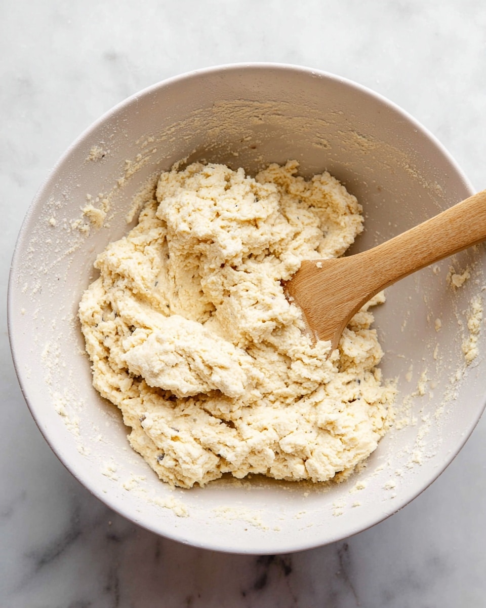 A close-up view of a white bowl filled with a rough, pale dough mixture that has a slightly crumbly texture with small uneven chunks. The dough is pale yellowish-white with some small darker specks scattered within it. A light wooden spatula with a smooth surface is resting inside the bowl, partly covered with dough. The bowl sits on a white marbled surface visible around its edges. The scene is brightly lit, showing the texture and details of the dough clearly. photo taken with an iphone --ar 4:5 --v 7
