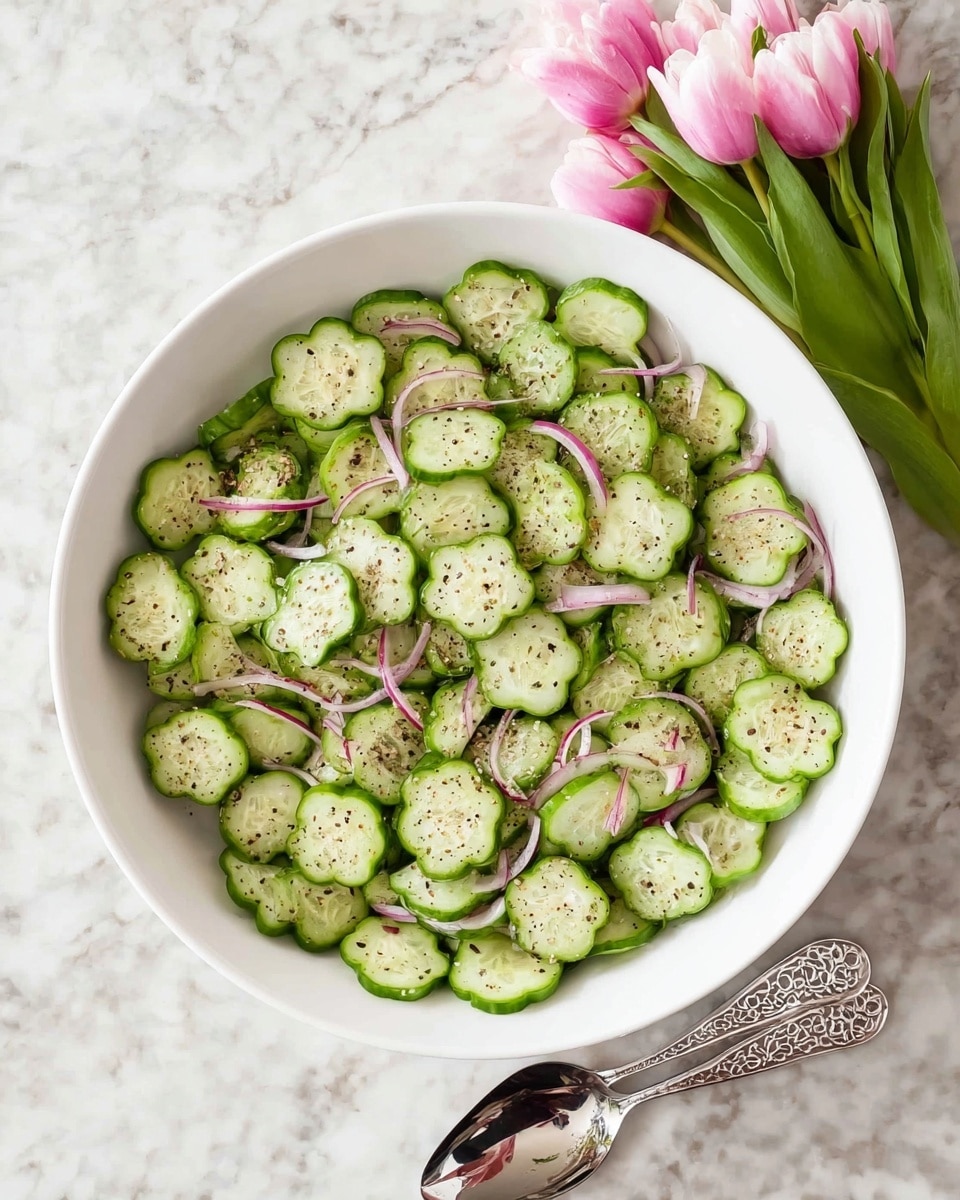 A large white bowl filled with one layer of thinly sliced cucumbers shaped like flowers, light green with darker green edges, mixed with thin, curved slices of red onion scattered evenly across the top, all sprinkled with black pepper. The bowl is placed on a white marbled surface. To the top right of the bowl, there is a small bunch of pink and white tulips lying flat. A shiny silver spoon with a decorative hole pattern is partially visible at the bottom right of the image. photo taken with an iphone --ar 4:5 --v 7