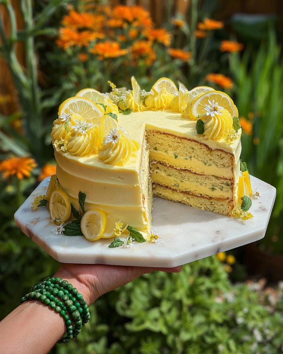 A yellow frosted cake with four visible layers of light yellow sponge and creamy filling between each layer, held on a white hexagonal marble plate by a woman's hand wearing green beaded bracelets. The cake is decorated on top with twelve swirls of yellow frosting, each topped with a small lemon slice and tiny white flowers with green leaves. Around the sides, there are pieces of lemon and more small white flowers with green leaves. The background is a garden with green plants and orange flowers, and the cake sits on a white marbled surface. photo taken with an iphone --ar 4:5 --v 7