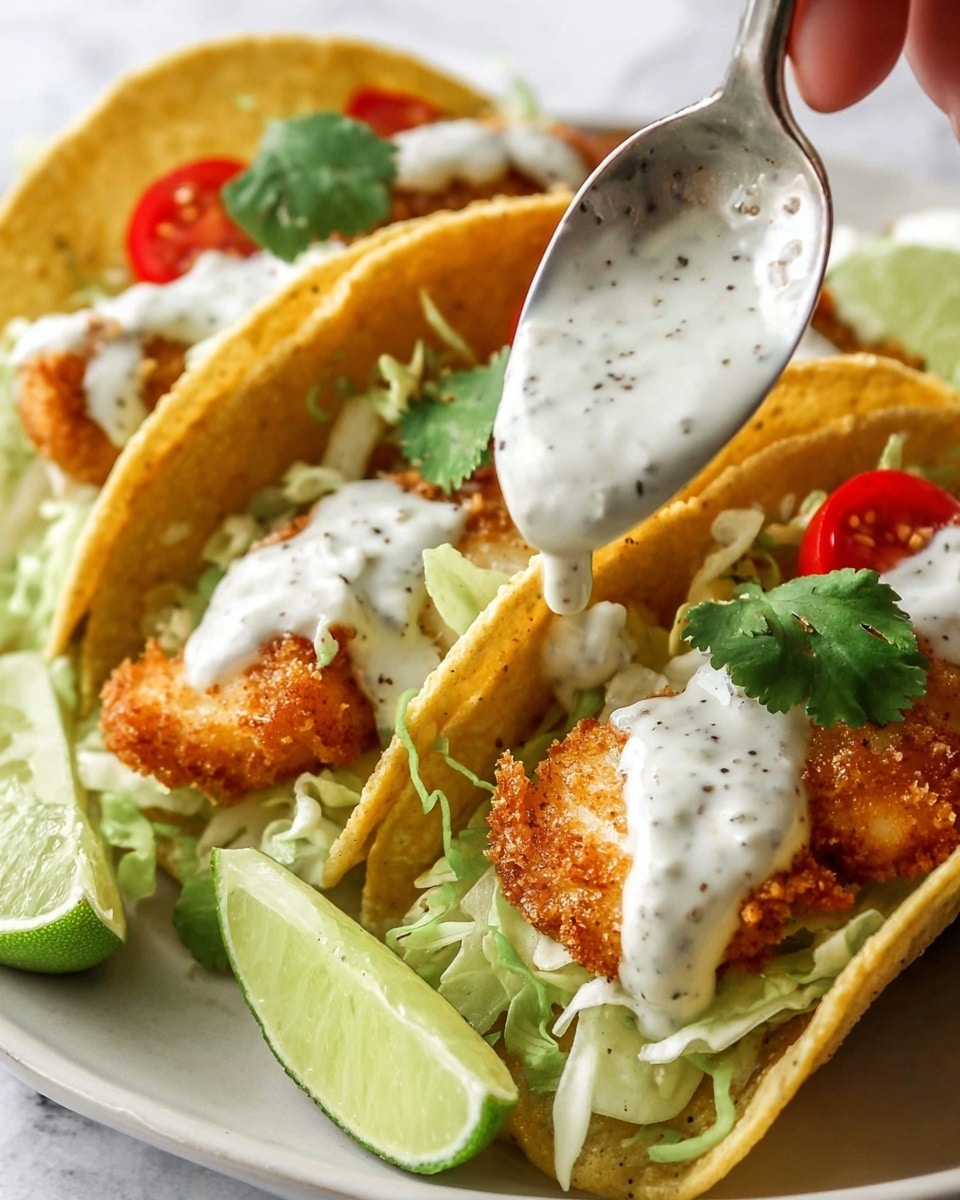 Three soft yellow corn tortillas are layered with shredded light green lettuce covering the base. On top of the lettuce, there are golden brown pieces of fried fish with a crispy texture. Cherry tomato slices and a wedge of bright green lime sit beside the fish inside the tortillas. A silver spoon held by a woman's hand is pouring creamy white sauce with specks of black pepper over the fish, with a small green cilantro leaf placed on top. The dish is set against a white marbled texture background. photo taken with an iphone --ar 4:5 --v 7