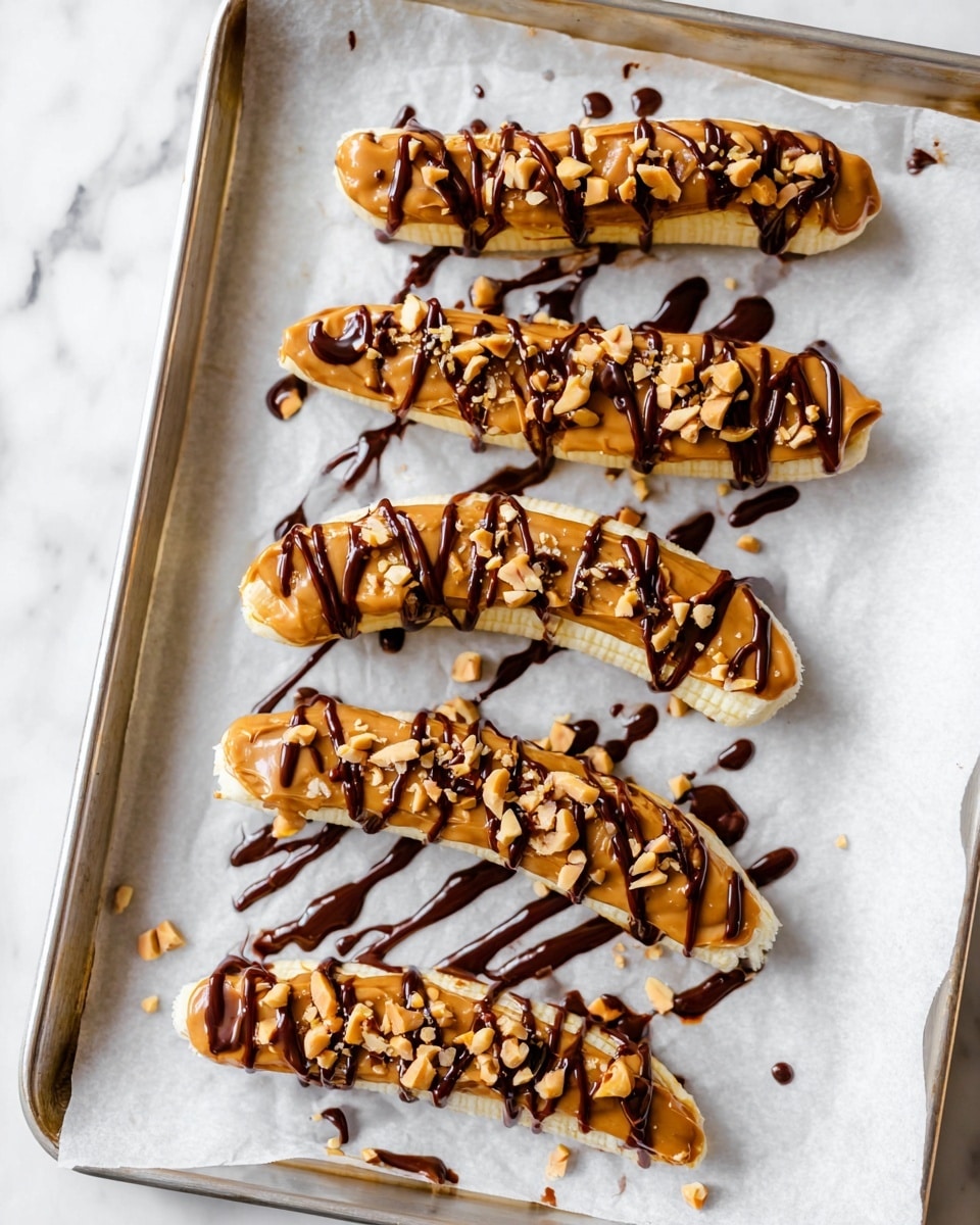 The image shows a baking tray lined with white paper and five banana halves arranged on it. Each banana half has three layers: the bottom is the pale yellow banana slice, the middle is a smooth layer of light brown peanut butter spread evenly across the banana, topped with small chunks of peanuts that add texture and a crunch look, and the top layer is dark brown chocolate syrup drizzled in thin, uneven lines over the peanut butter and bananas. There are also some random drops and streaks of chocolate syrup on the white paper. The tray is placed on a white marbled surface. photo taken with an iphone --ar 4:5 --v 7